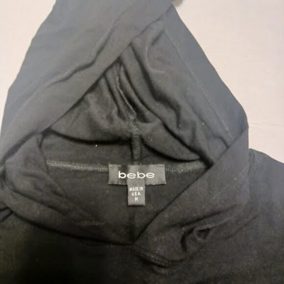 BEBE Long Sleeve Ruched Hooded Black Shirt with Rhinestone Logo, Sz M, Used - Picture 6 of 8